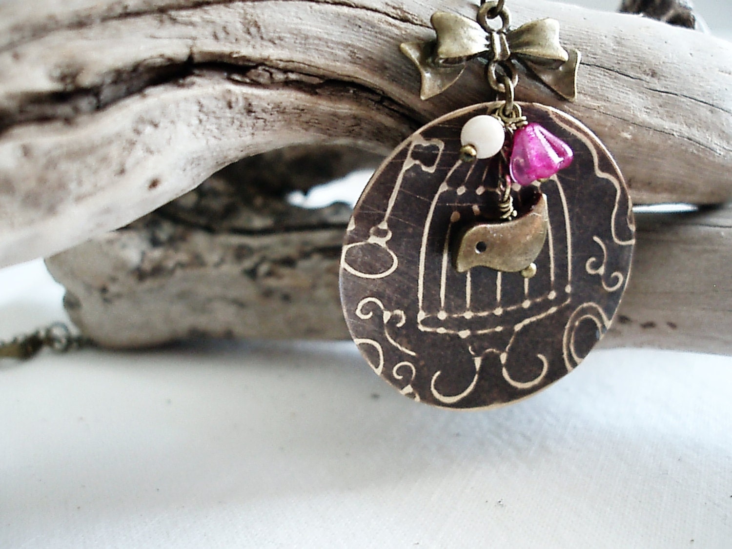 Bird necklace - Cage - Antiqued bronze etched jewelry - Czech flower beads - Deep pink , fuchsia and cream