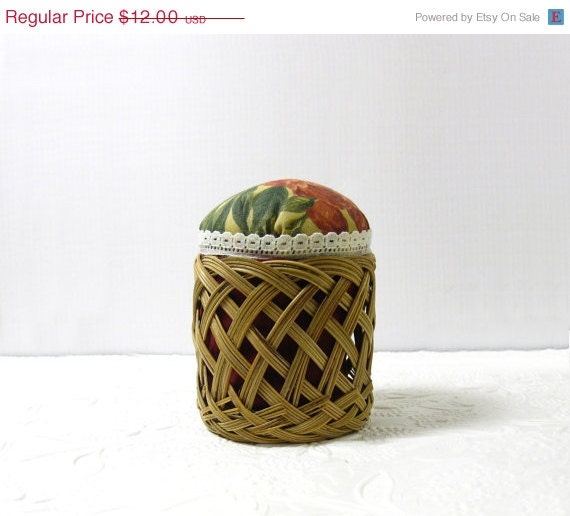 Mothers Day - Cylinder Wicker Basket Pincushion w Floral Fabric Design