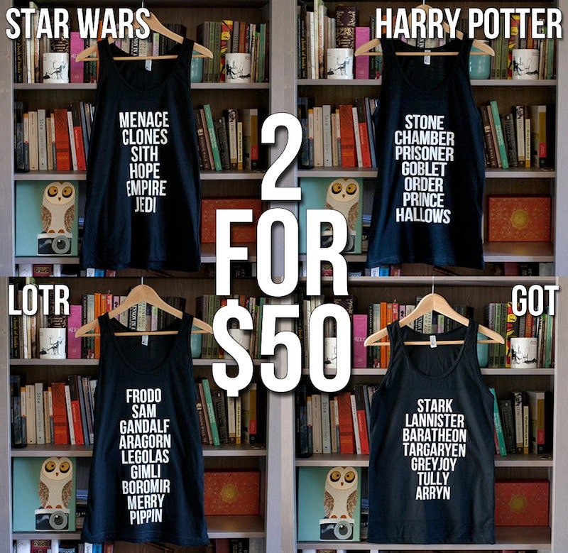 ANY 2 TANKS - Harry Potter, Lord of the Rings, Game of Thrones, Star Wars, Deathly Hallows