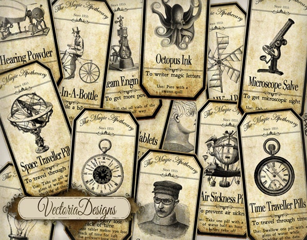 15 Large Steampunk Apothecary Bottle Labels 4.5 x 2.23 inch Jar Labels Halloween digital collage sheet VD0424
