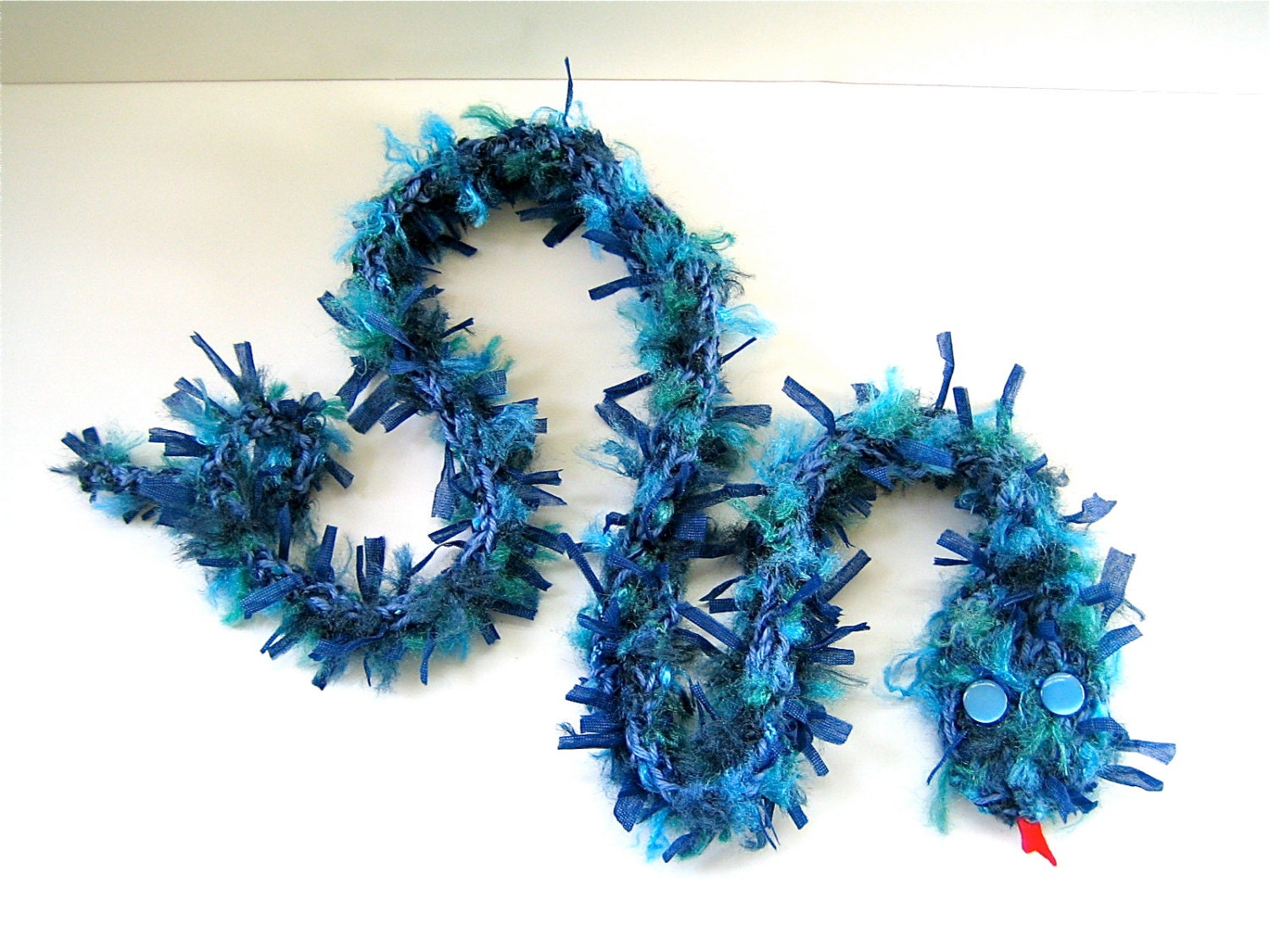 Fuzzy Snake Scarf -- Blue Yarn, Animal Lover Whismical Button Eyes Knit One-of-a-kind, Children's Scarf