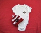 Baby Boy FOOTBALL Gift Set with Knit Hat and White Onesie Handknit Crochet Applique Baby Shower Gift Under 40 Dollars