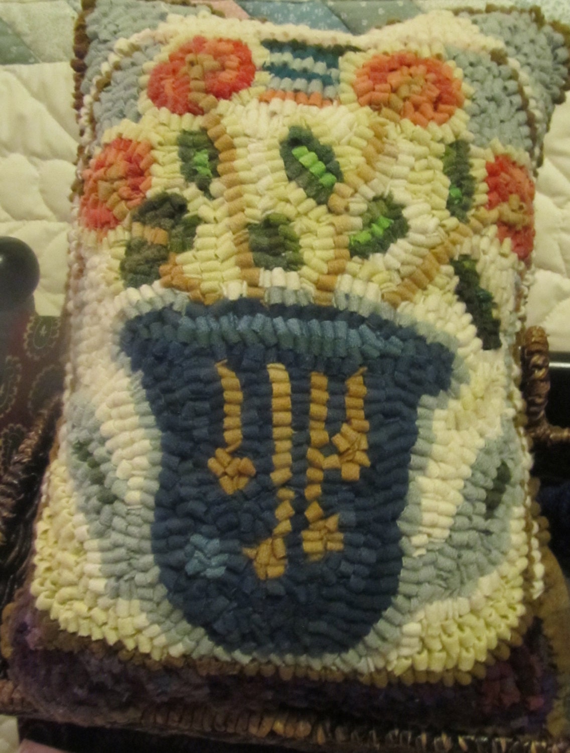 Flowers in Vase:  Hand Hooked 100% Wool Pillow - Primitive American Style