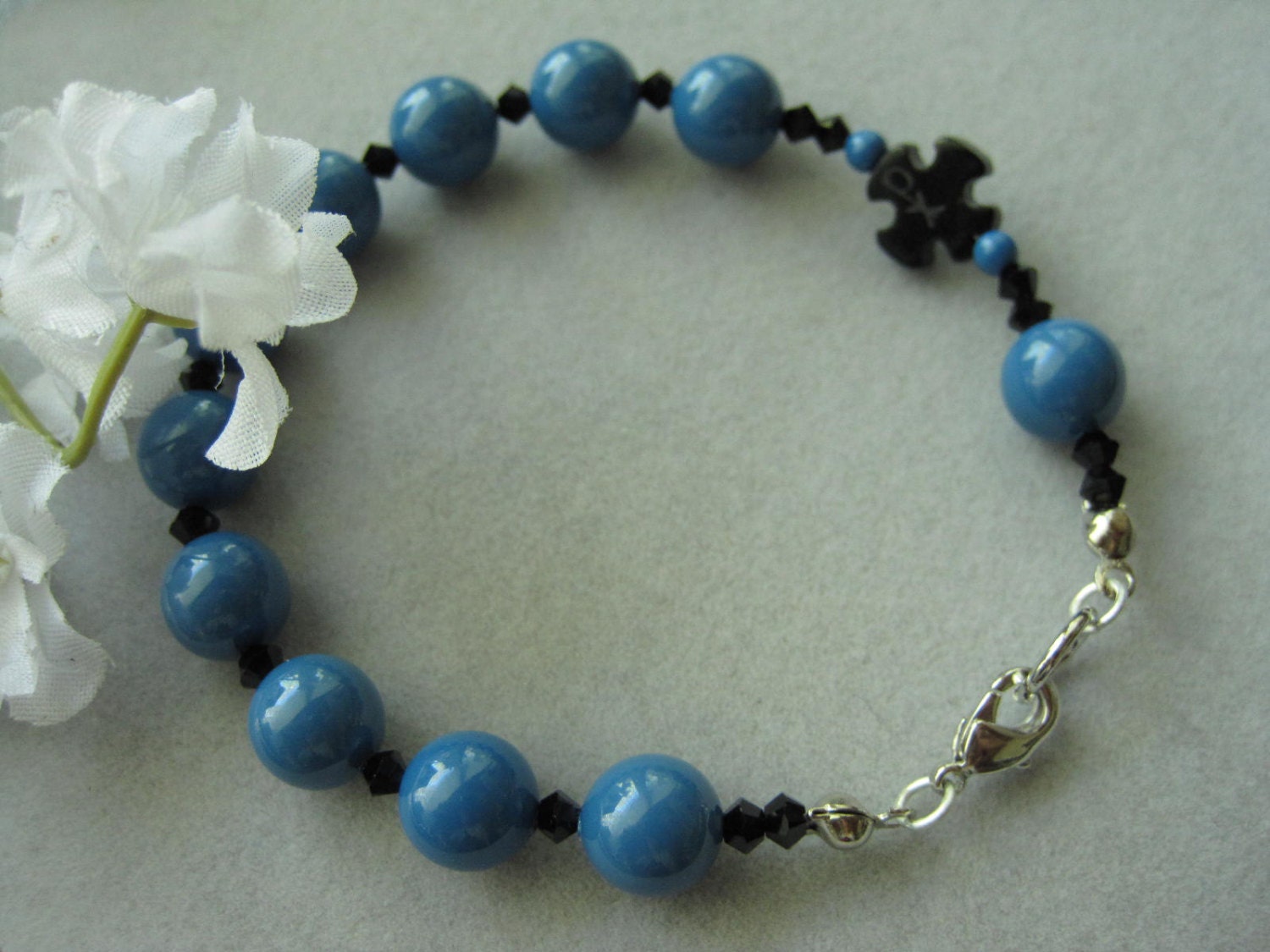 Rosary Bracelet, Lapis, Onyx Cross,  Chi Rho symbol,  Baptism Gift, Confirmation Gift, Blue Rosary