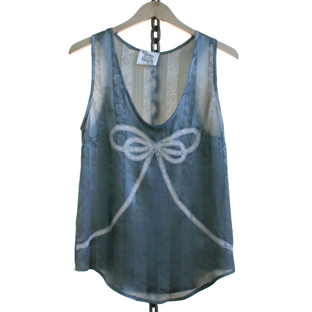 Camisole Silk Lace Tank Top Lingerie / Grey Ivory Bow Vintage Jacquard / Large - Sally Deco Camisole