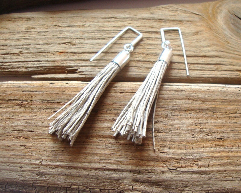 Taupe tassel earrings , natural linen earrings , dangle earrings , eco style jewelry , fashion earrings , simple , modern , minimalist