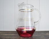 Small Pitcher Ruby Glass w/ Gold Stripes, 1950s Mid Century Red Pink Glaze, Art Deco Style