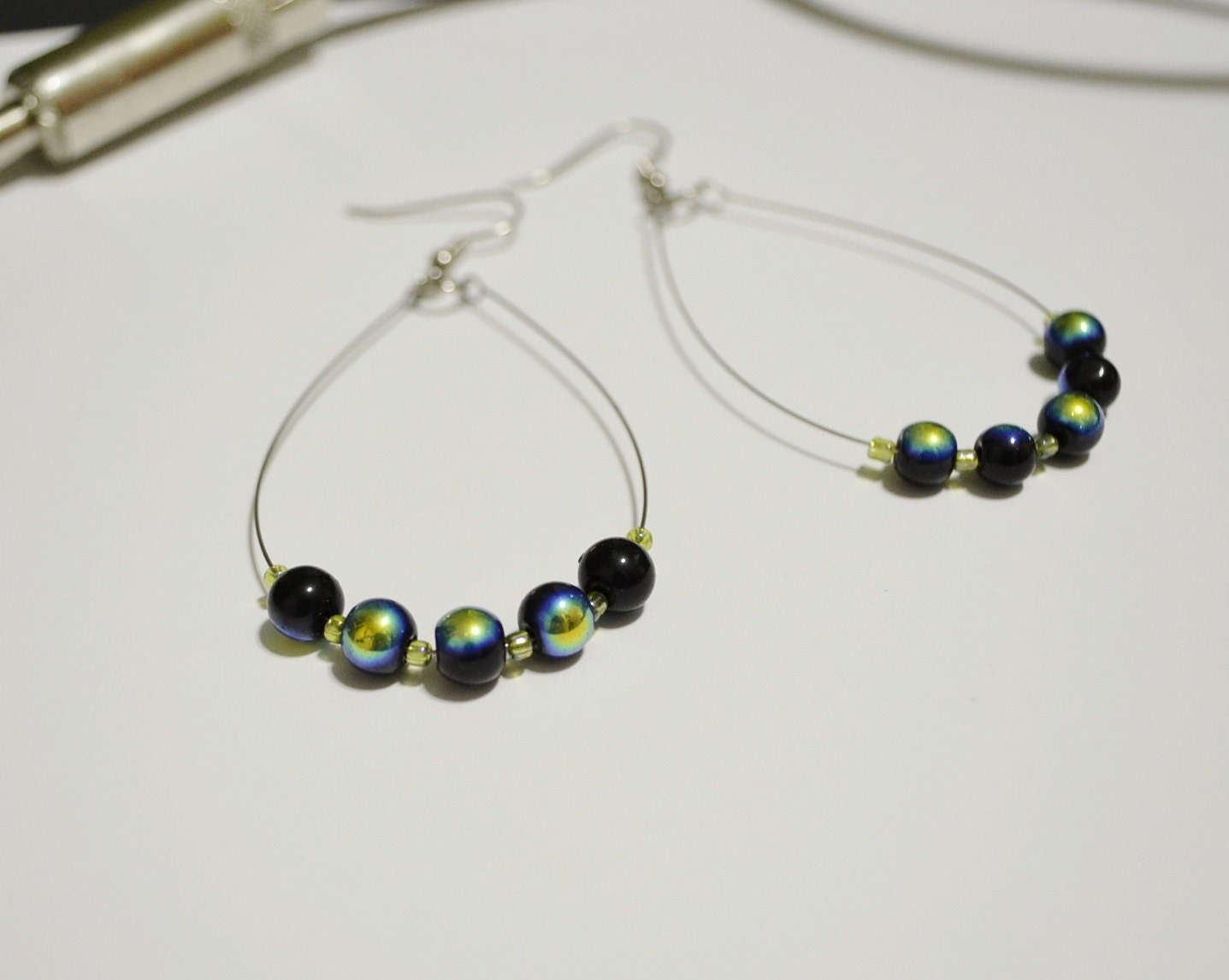 Statement Earrings - Recycled Guitar String w/ Black Iridescent Beads- Girls Rock Indianapolis Charitable Donation