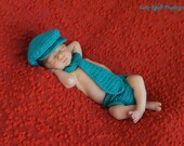 3pc Golf Hat, Necktie, & Diaper Cover Set in Aqua Newborn Crocheted Baby Boy Newsboy 0-3 3-6 6-12 mos scally flat cap photo prop