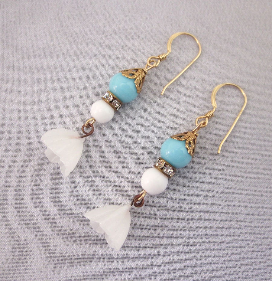 Assemblage Vintage White Glass Flower Earrings, Turquoise Bead Dangle Earrings, Repurposed OOAK Jewelry Handmade by JryenDesigns
