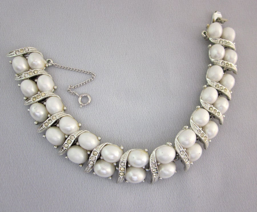 Vintage Rhinestone and Pearl Bracelet, Bridal Bracelet, Statement Wedding Jewelry, Vintage 1950s Silver Jewelry - JryenDesigns