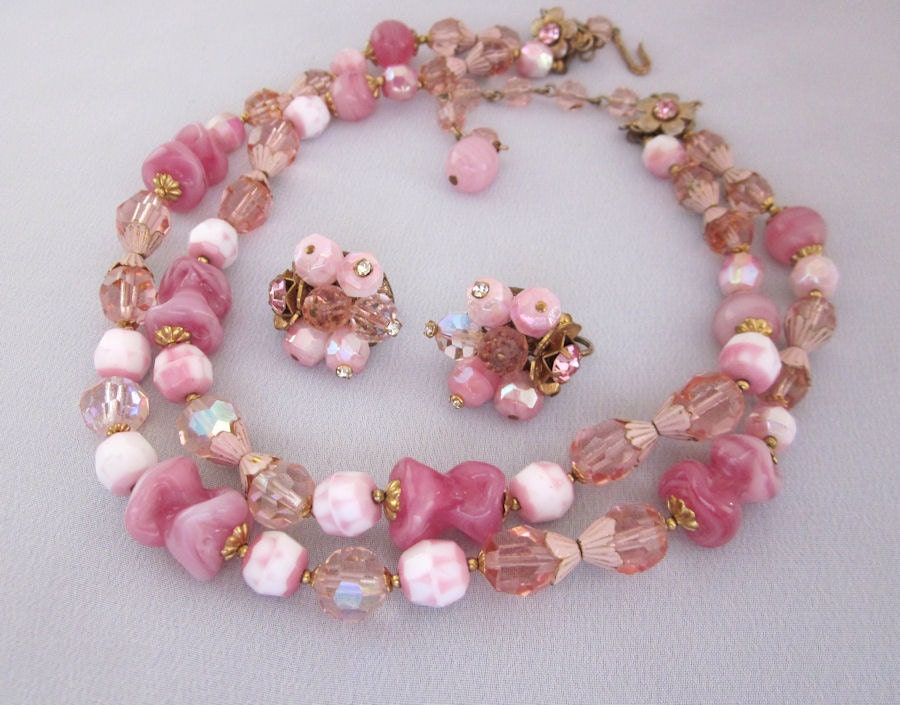 Vintage PINK Crystal Art Glass Necklace Earrings Set, Enamel, Double Strand Necklace, Glass Bead Necklace, Vintage Jewelry - Jryendesigns