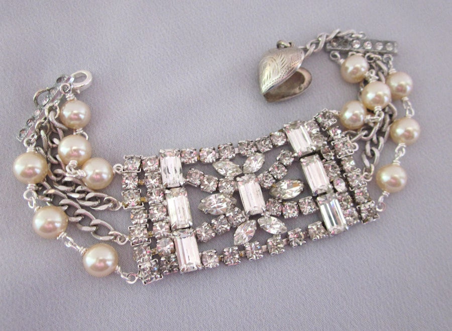 OOAK Vintage Rhinestone Bracelet, Sterling Heart Locket, Repurposed Pearl Silver Bracelet, Bridal Bracelet, Assemblage Jewelry JryenDesigns