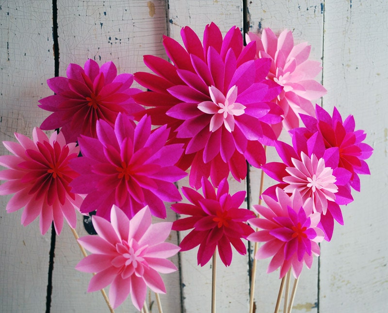 Hot Pink Paper Flowers, Mothers Day Bouquet, Pink Dahlia Mix, 10 Spring Flowers, First Anniversary, Origami Flowers