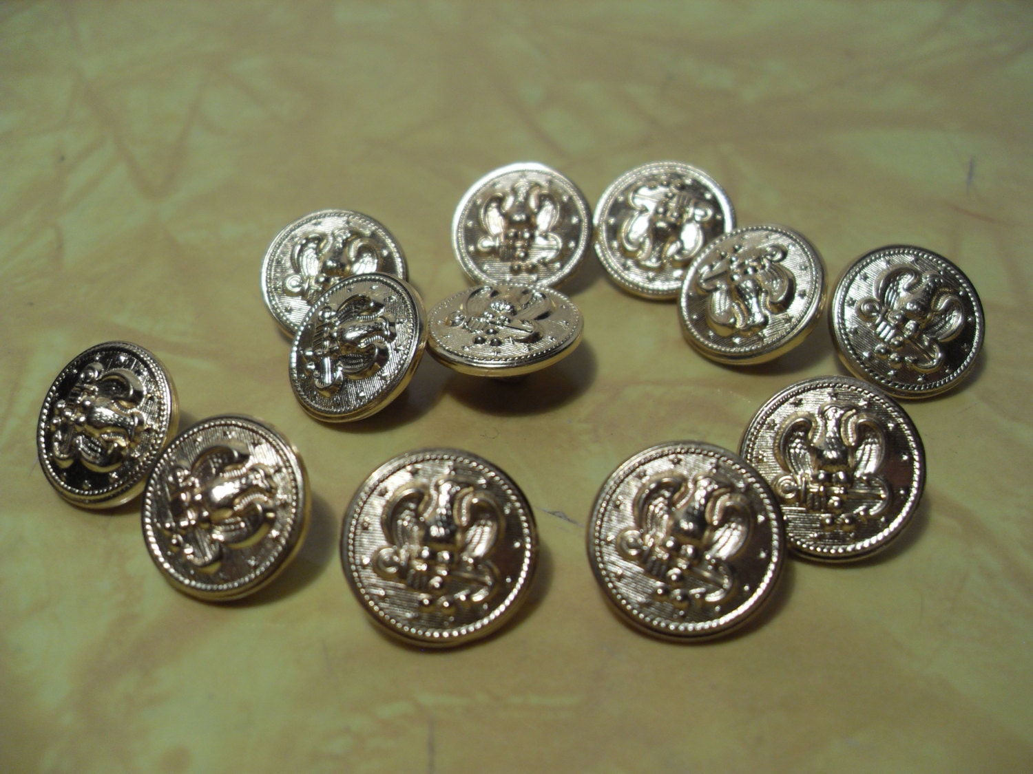 Lot of 12 Small Vintage Gold Metal Military Buttons Eagle and Anchor Steampunk Costume Supplies 5/8 inch