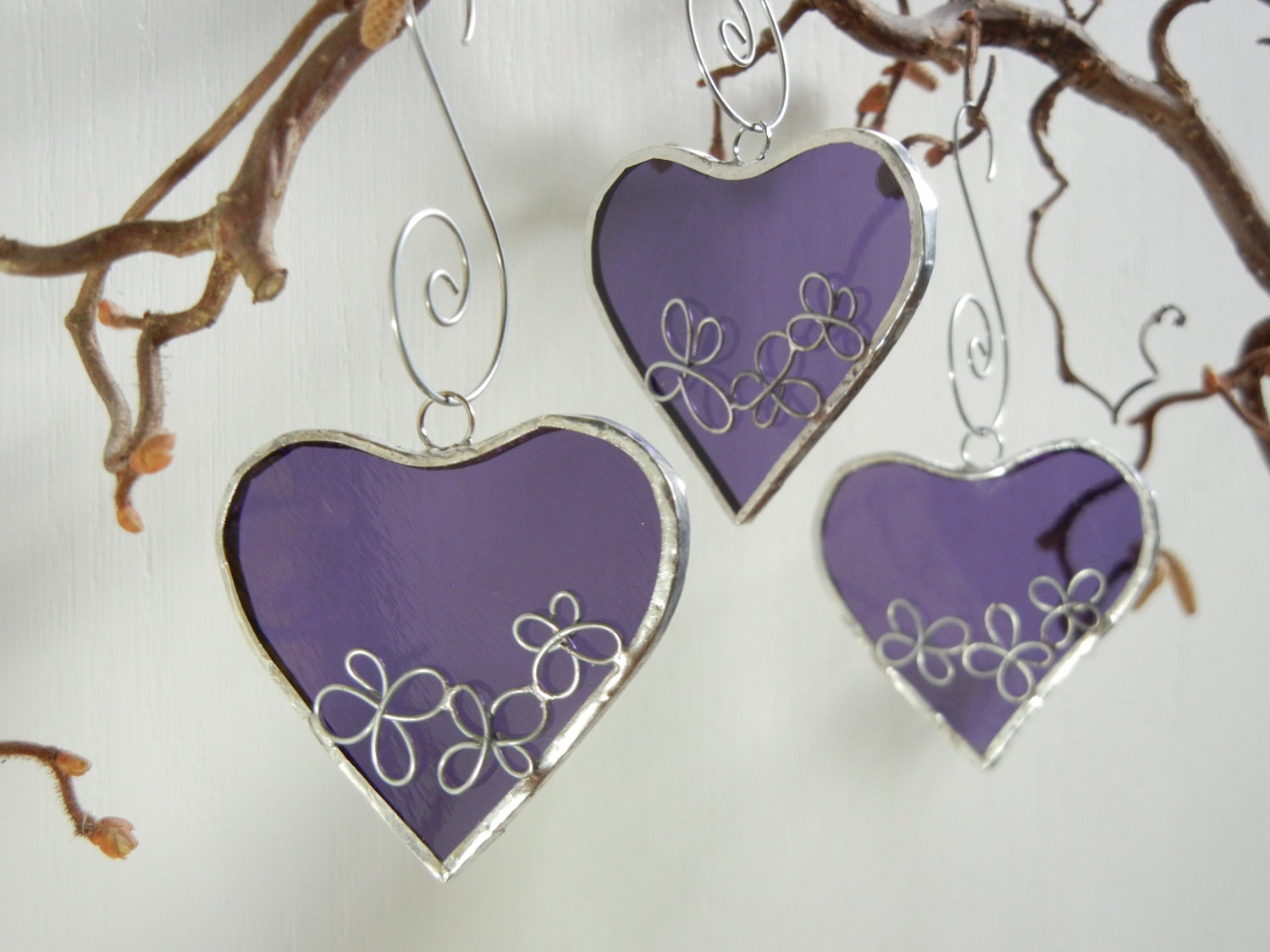 3 Custom HEARTS - Wedding Party Favors in Grape Purple Stained Glass or Your Glass Choices