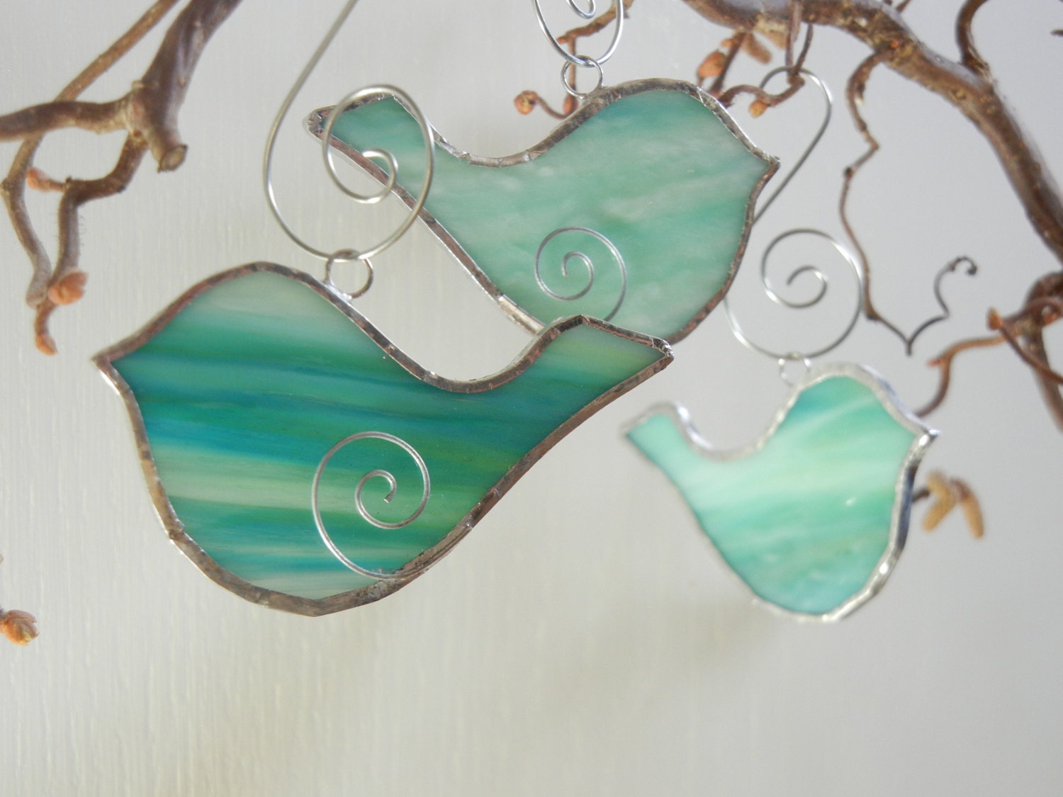 3 Custom BIRDS - Wedding Party Favors in Streaky Blue Green Stained Glass or Your Glass Choices