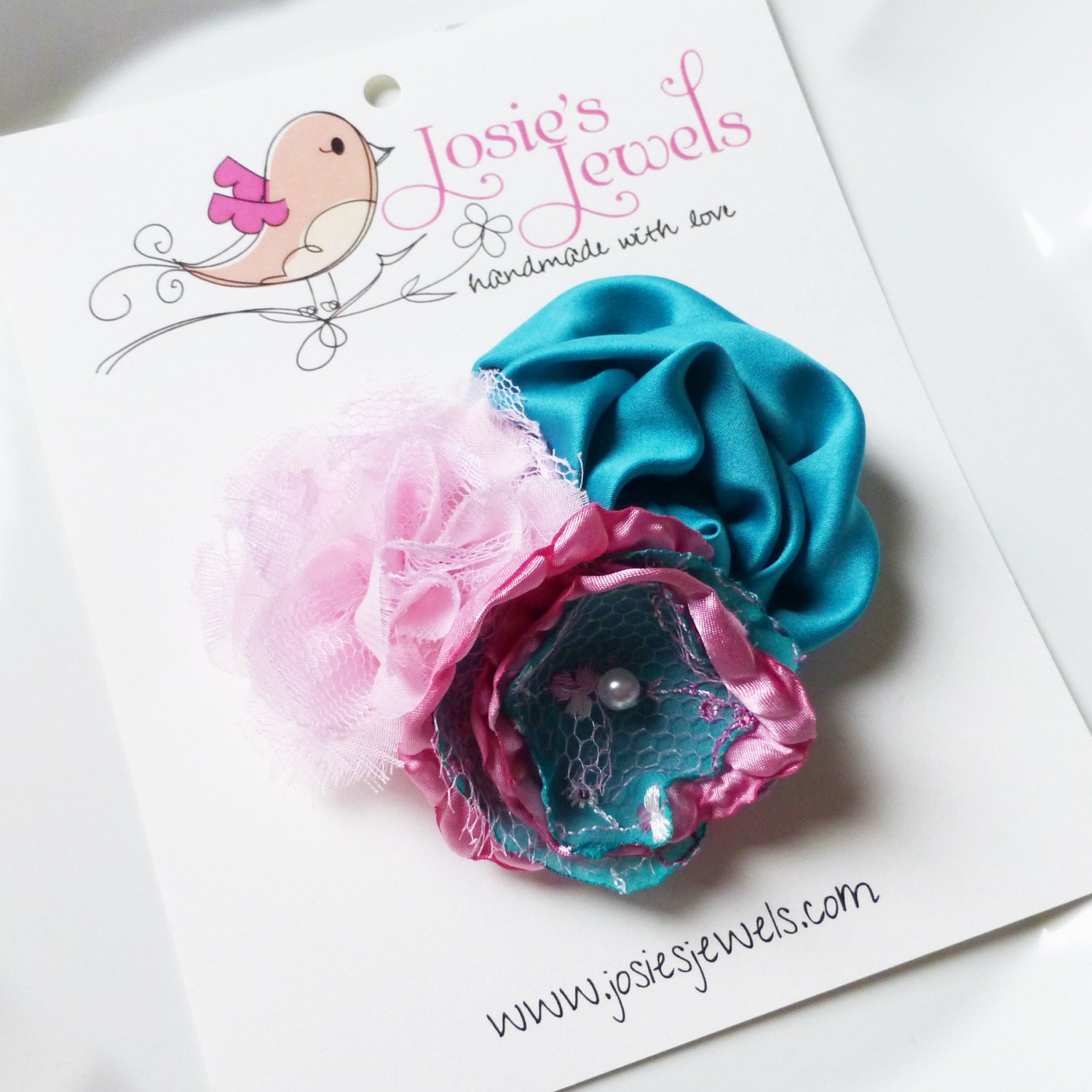 Teal & Pink Shabby Chic Flower Girls Ladies Hair Clip