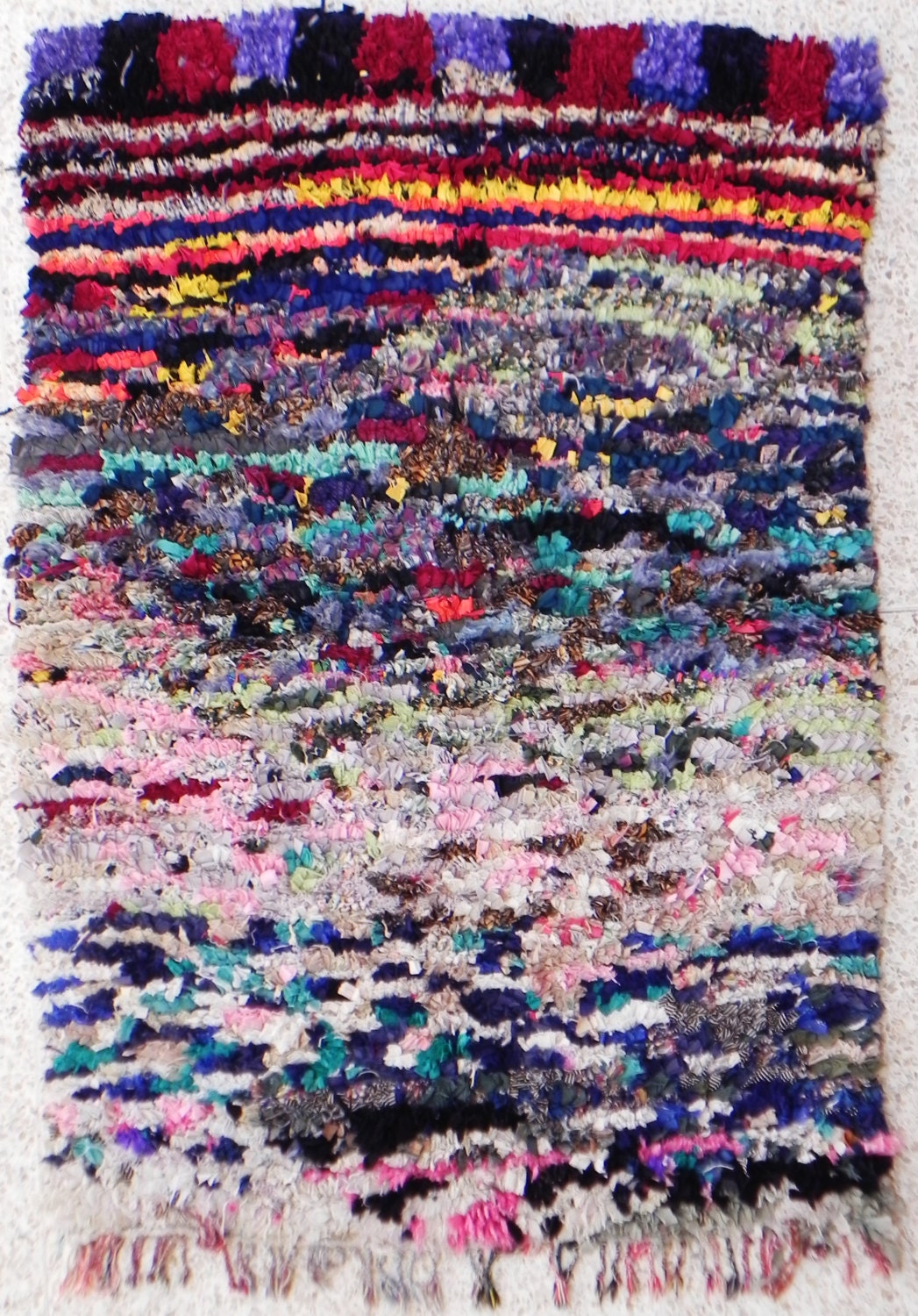RAG  RUG BOUCHEROUITE from Morocco called also boucharouette berber tribal art, moroccan carpet