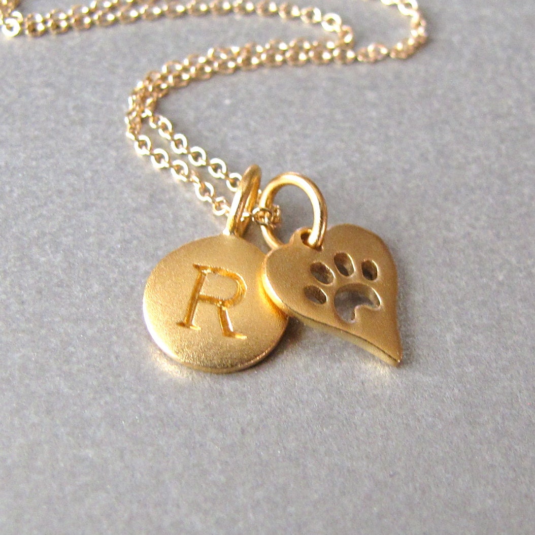 Gold Initial & Paw Print Charm Necklace - Personalized