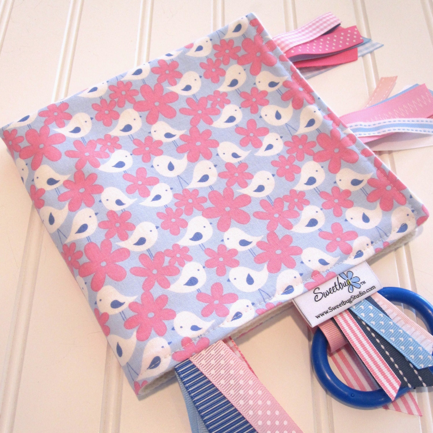 Sensory Ribbon Blanket,Lovey,Tag Blanket/Birds and Flowers in Blue/Organic Cotton Fleece