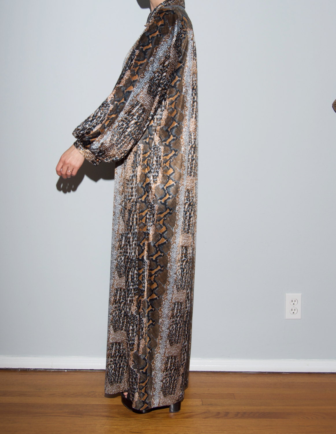 Snakeskin print maxi dress with bishop sleeves