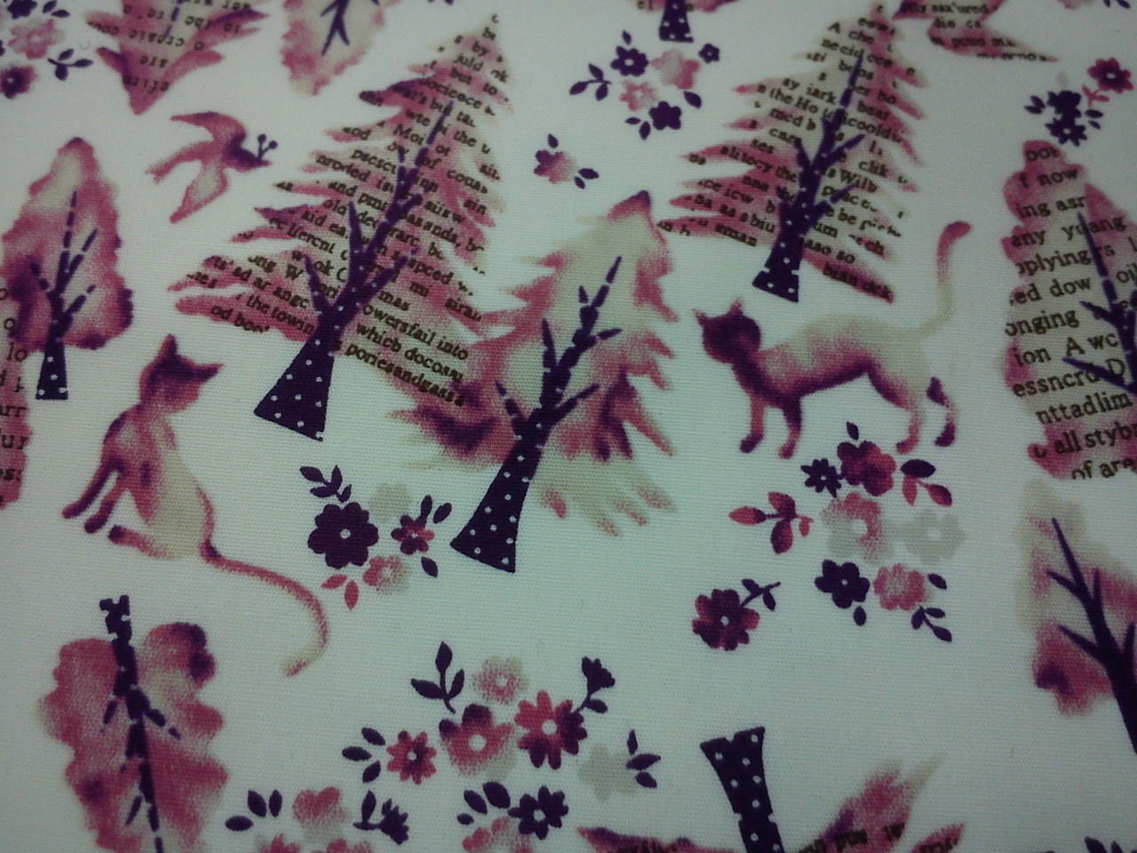 Cat, bird, and collage, maroon, fat quarter, pure cotton fabric