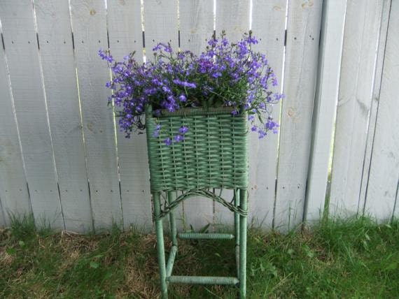 Antique Green Wicker Plant Stand