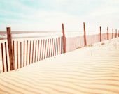 Beach Dune Photography - sand fence print coastal wall art - white cream blue brown - sea shore photo -  5x7 Photograph, "Beach Dune"