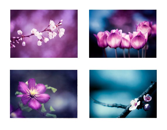 Flower Photography Set - Four 5x7 Photograph Prints - purple dark blue pink plum white floral - nature photo set tulips branches wall art