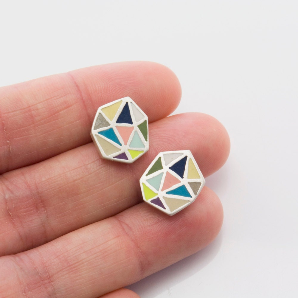 POLIEDRA multicolor sterling silver and polymer clay post earrings