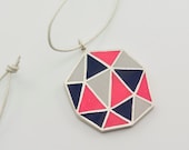 POLIEDRA sterling silver and polymer clay pendant in magenta, navy blue and grey
