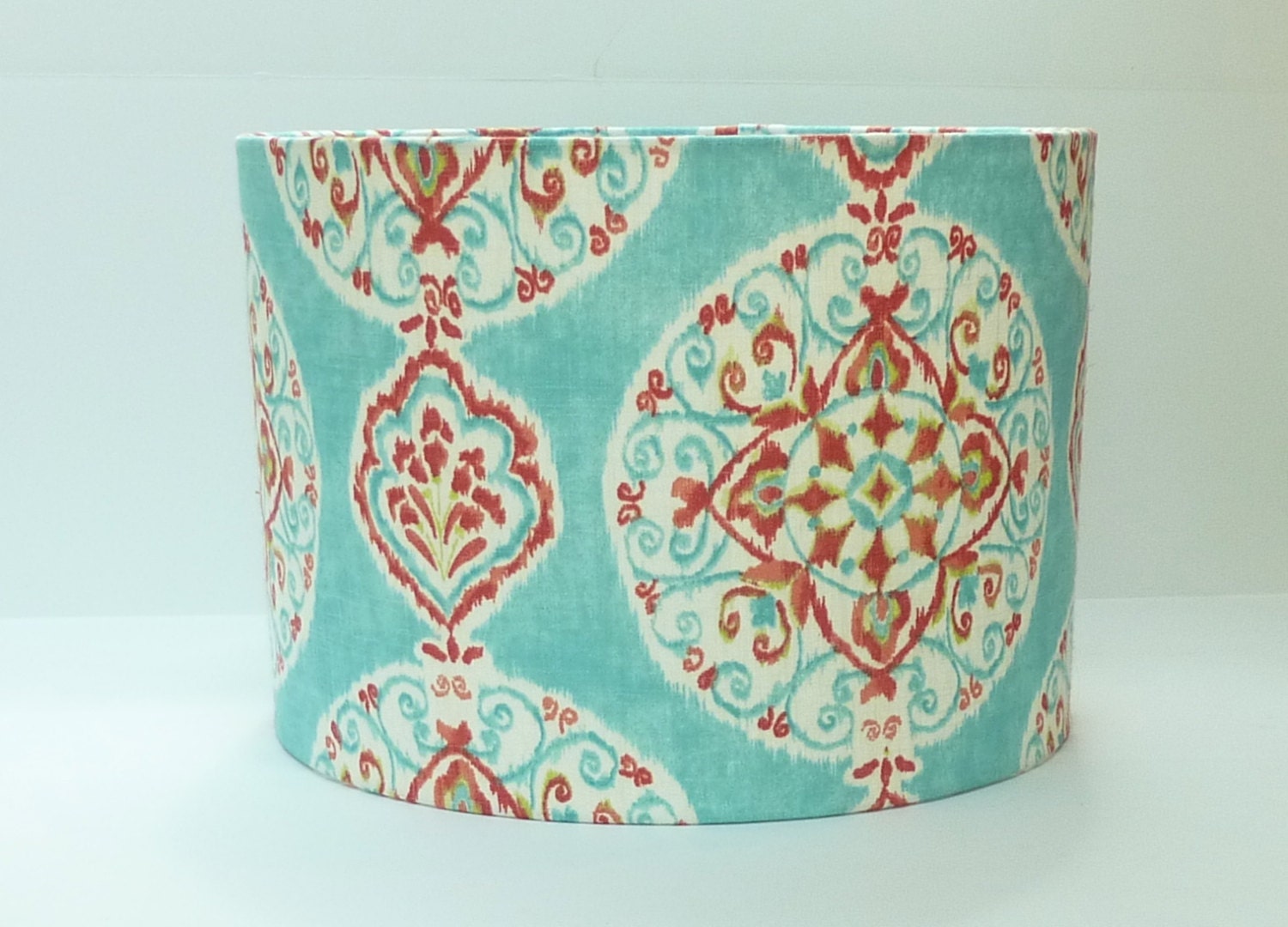 Medium Drum Lamp shade in Aqua and Coral Suzani Print
