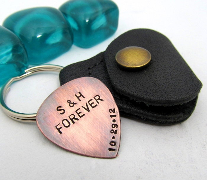 Custom Guitar Pick with Leather KeyChain Holder - Personalized Copper Hand Stamped Guitar Pick - Mens Gift