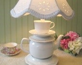 Teapot Lamp, Tea for One, White Teapot,Tea Cup and Saucers, Reticulated,  Alice in Wonderland Shabby Chic Cottage "Alison" series