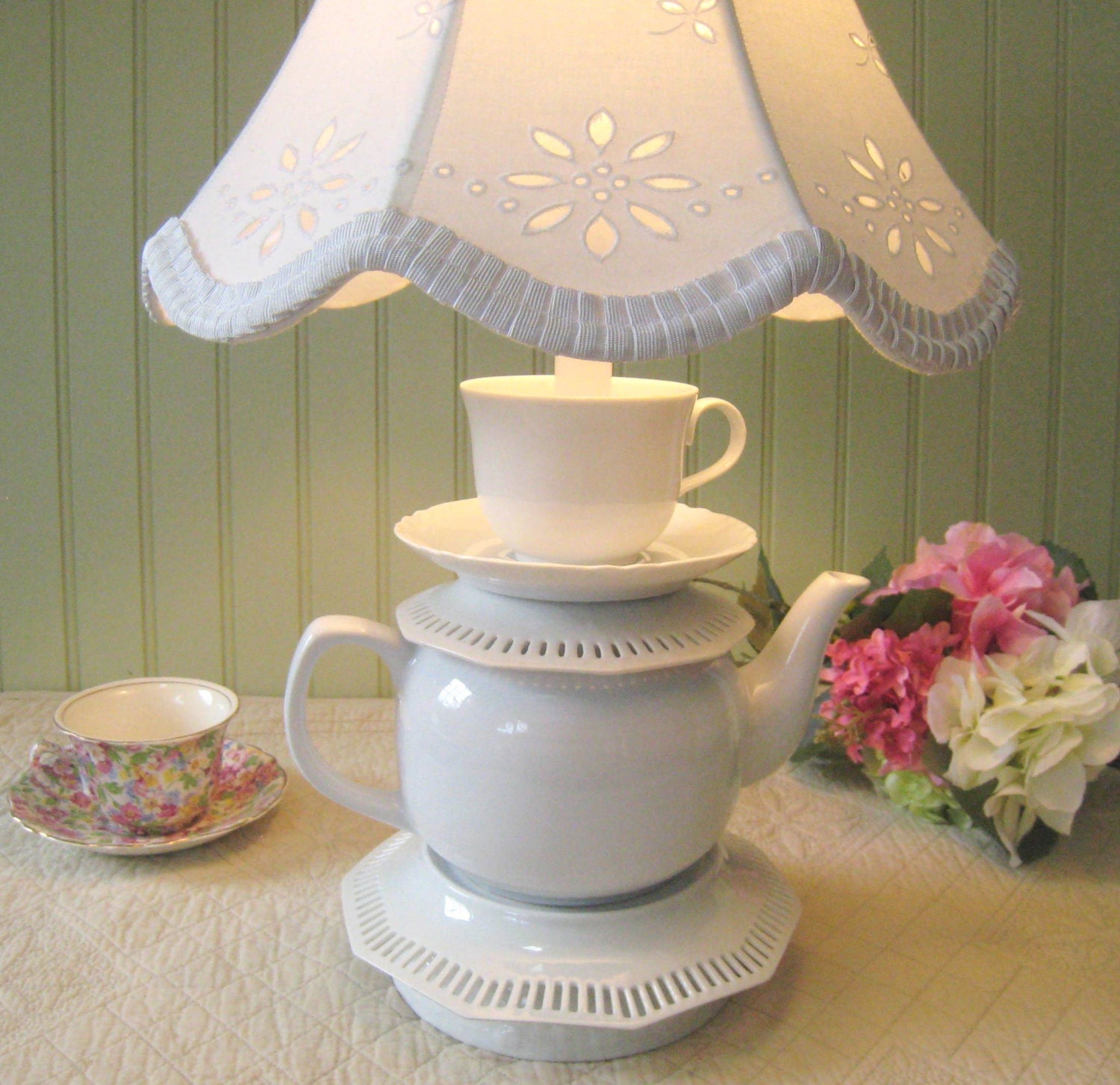 Teapot Lamp, Tea for One, White Teapot,Tea Cup and Saucers, Reticulated,  Alice in Wonderland Shabby Chic Cottage "Alison" series