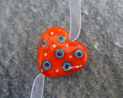Turquorange Spotty Heart Lampwork  Glass Focal Bead by Helen Vanek SRA UK