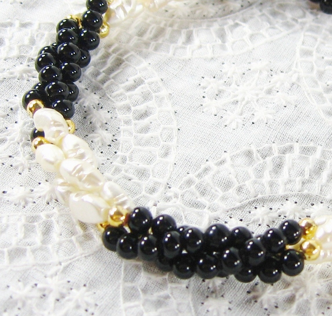 Vintage Beaded Bracelet, Black Glass Clusters, Freshwater Pearls, Gold Beads, Multi Strand, 1960s Mad Men Jewelry