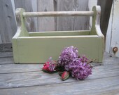 Primitive Rustic Wood Tote Box Shabby Tool Box upped in Sage Green with Cream