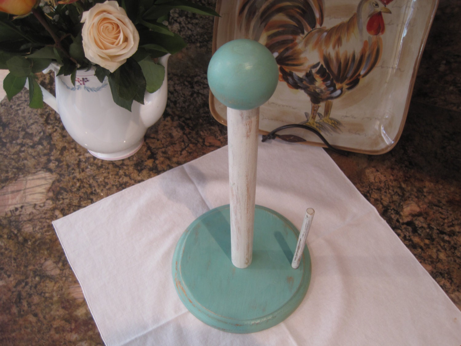 Rustic Beach Cottage Wood Towel Holder Upped in Dark Aqua & Cream and Distressed