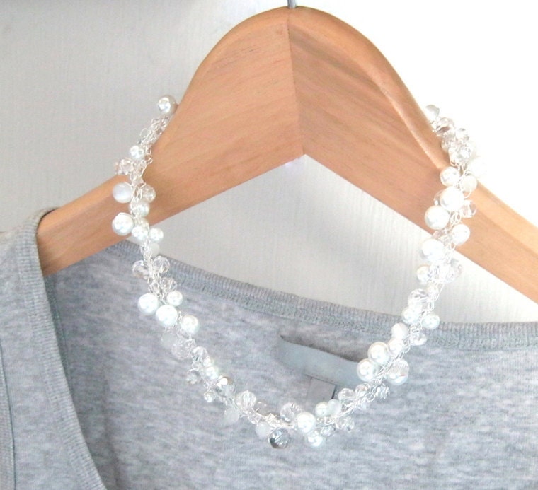 White Crystal Choker Necklace, Crochet Wire Necklace, Beaded Jewelry