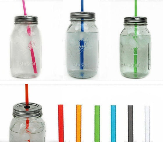 Five Mason Jar To-Go Tumbler Lids - Reusable Canning Jar Tops and Straws - You Pick Colors - 10.5" Straw