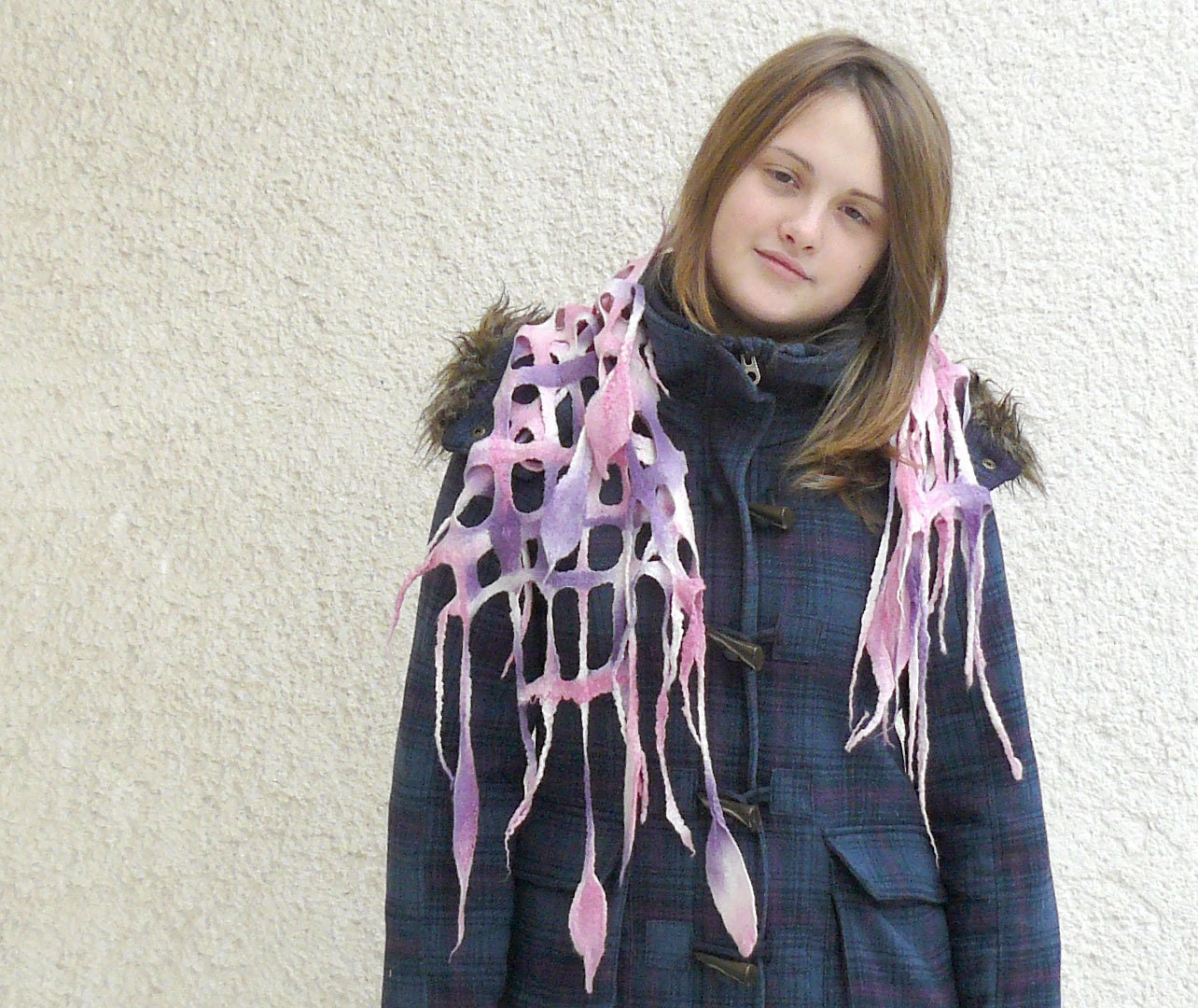 Wet felted scarf neckwarmer muffler. Lattice scarflette, net necklace. Pastel spring Easter. Pink, purple leaves.