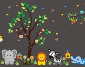 Tree Wall Decal with Giraffe, Elephant, Lion, Zebra, Alligator, Monkeys - Nursery Wall Decal - Children Wall Decal - 477