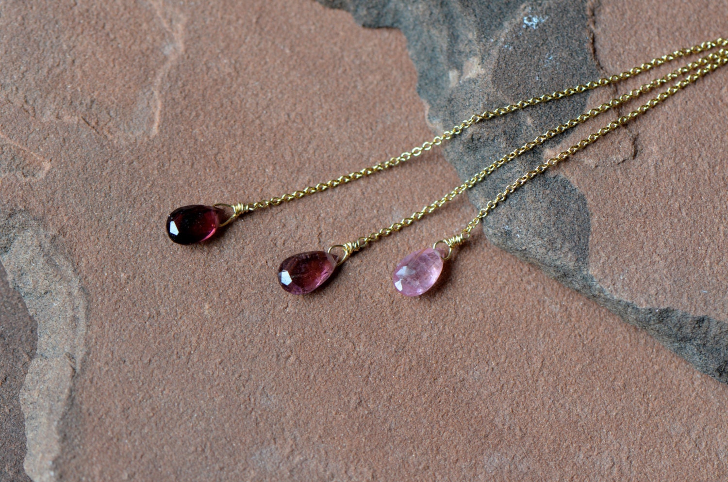Pink Tourmaline Necklace, Lariat Style, Natural Pink Gemstones, Delicate Gold Chains