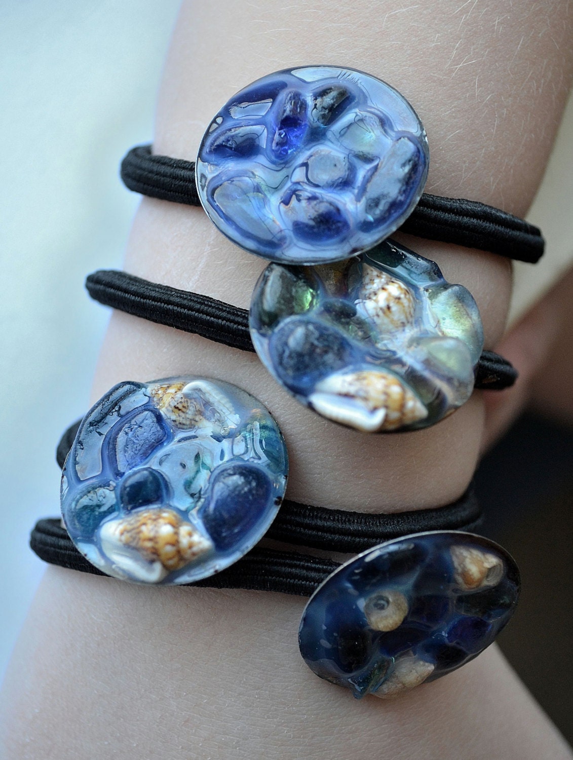 Genuine Sea Glass  and Shell Ponytail Holder  Shades of Blue some with shells