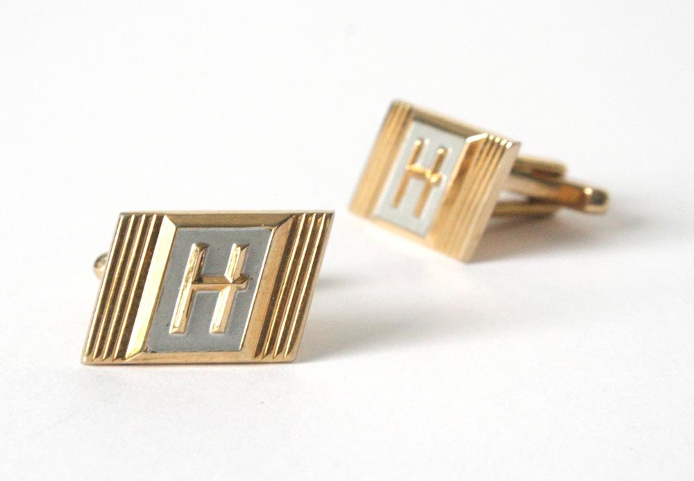 Vintage initial H cuff links, 1950s-1960s, gold and silver mid-century style