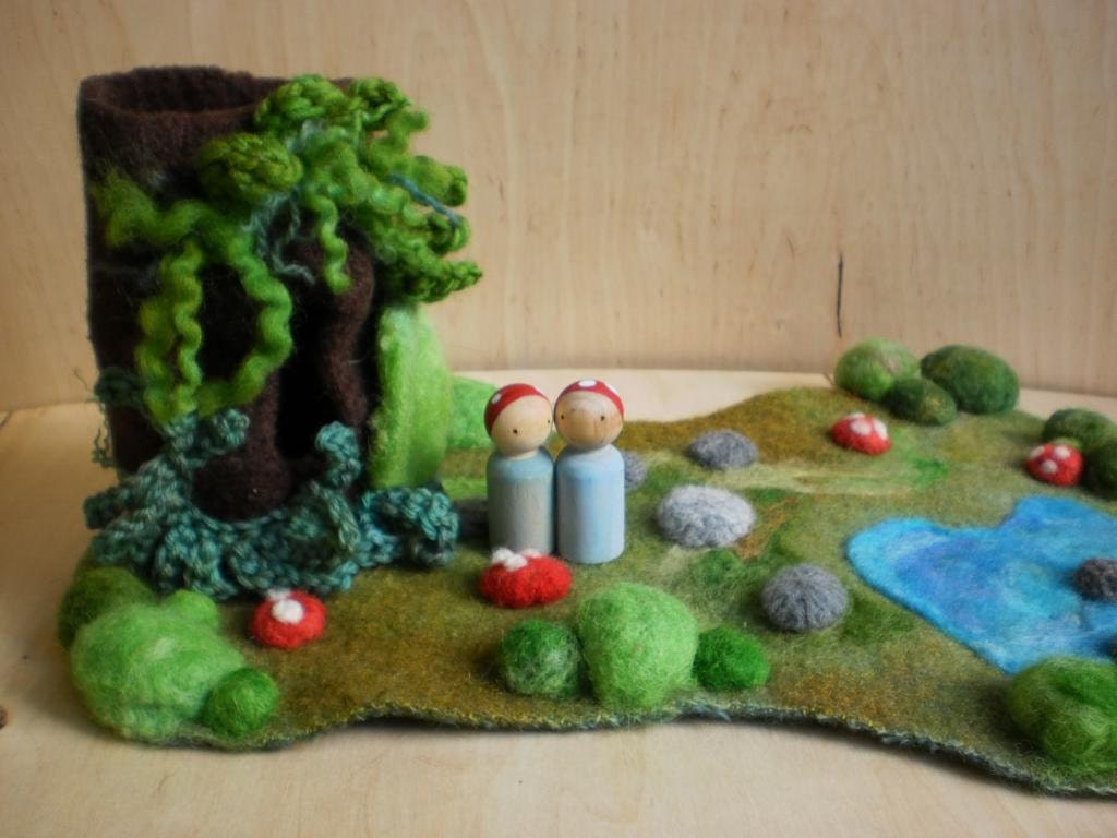 Custom Waldorf Inspired Natural Toy- Wool Playmat/Playscape with felted log and peg people