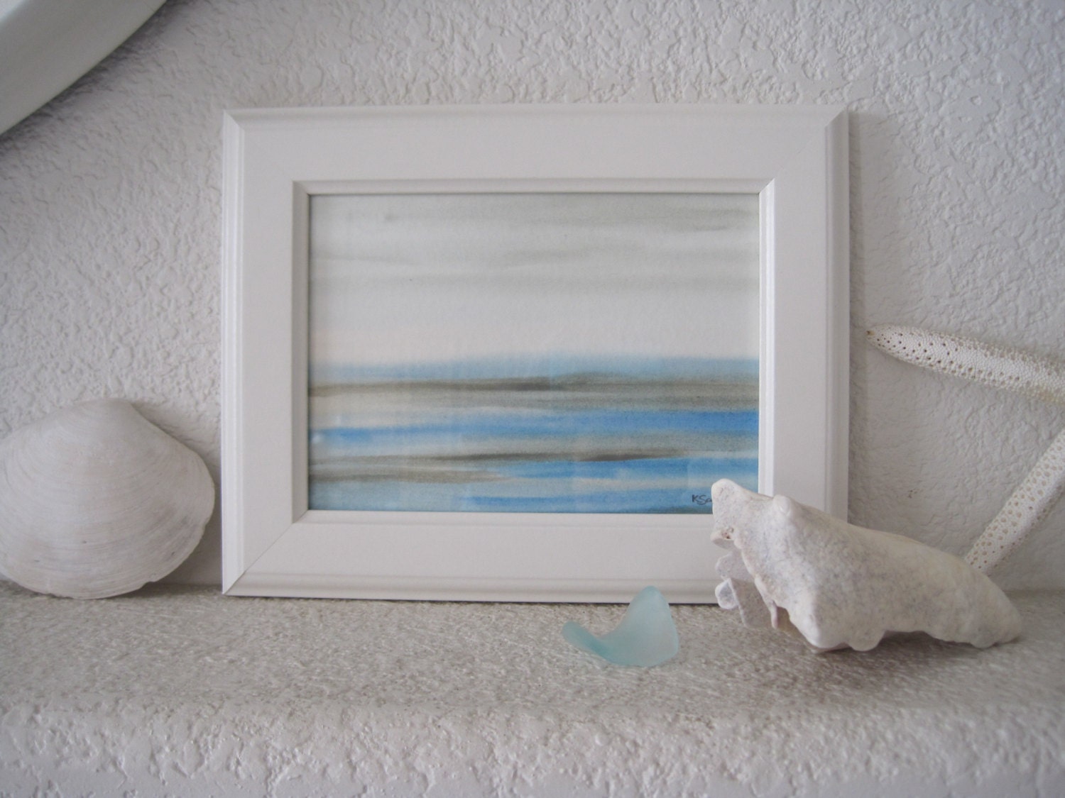 Original Watercolor 5x 7 Painting Of The Sea In Blue and Greys With White Frame Beach Home Decor