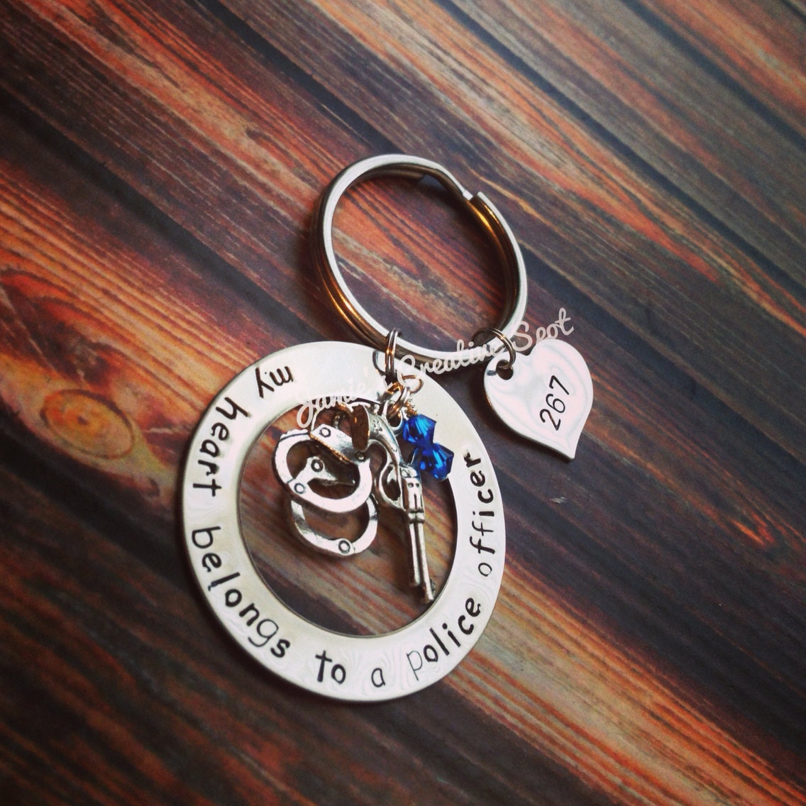 Hand Stamped My Heart Belongs To A Police Officer Keychain- Hand Stamped Jewelry- Hand Stamped Accessory